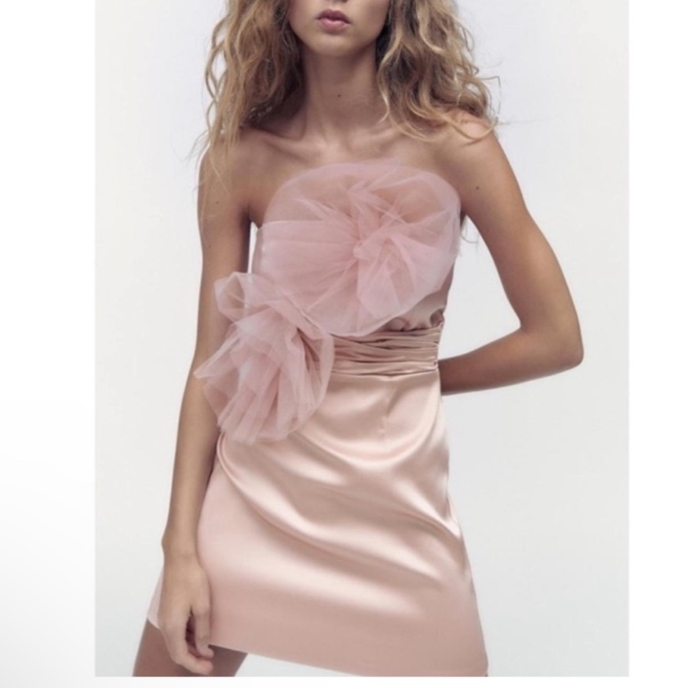 Zara Blush Satin Pink One-Shoulder Mini Dress with Tulle Rosettes